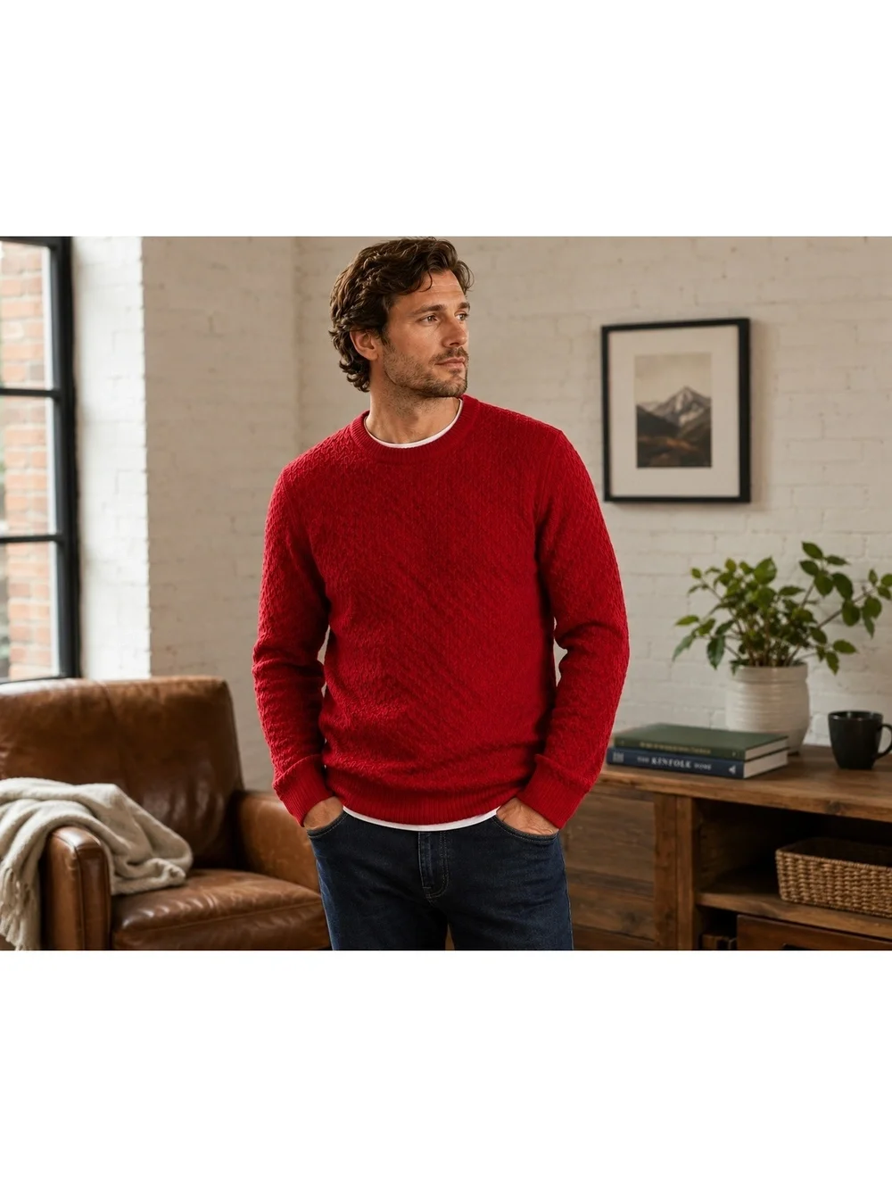 Alex Cannon Men’s M Red Wool Blend Textured Knit Crewneck Pullover Sweater